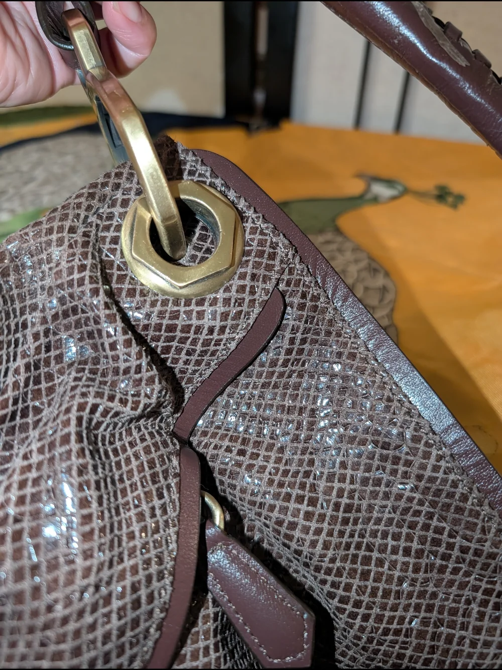 B. Makowsky Snakeskin-Embossed Bag | Taupe & Burgundy | Gold-Tone Hardware